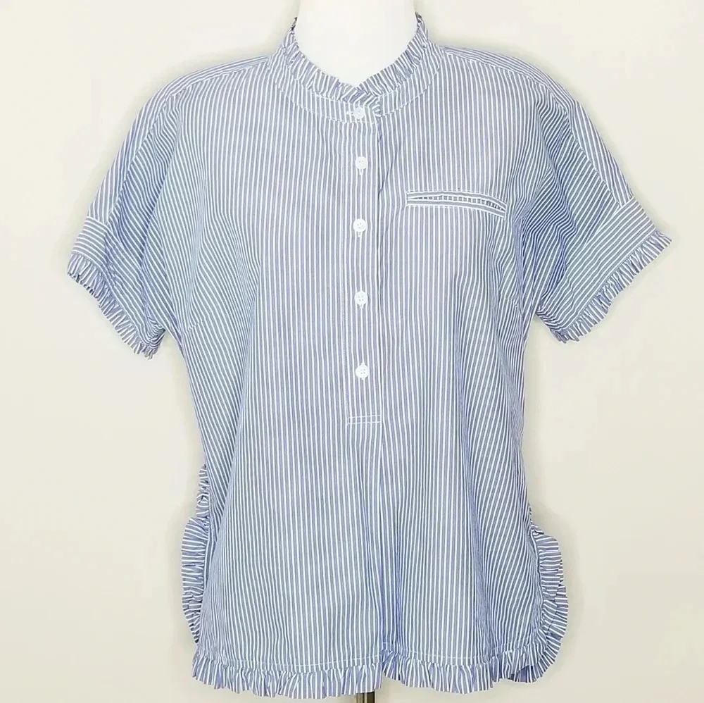 J. Crew Blue & White Pinstripe Ruffle Blouse 0